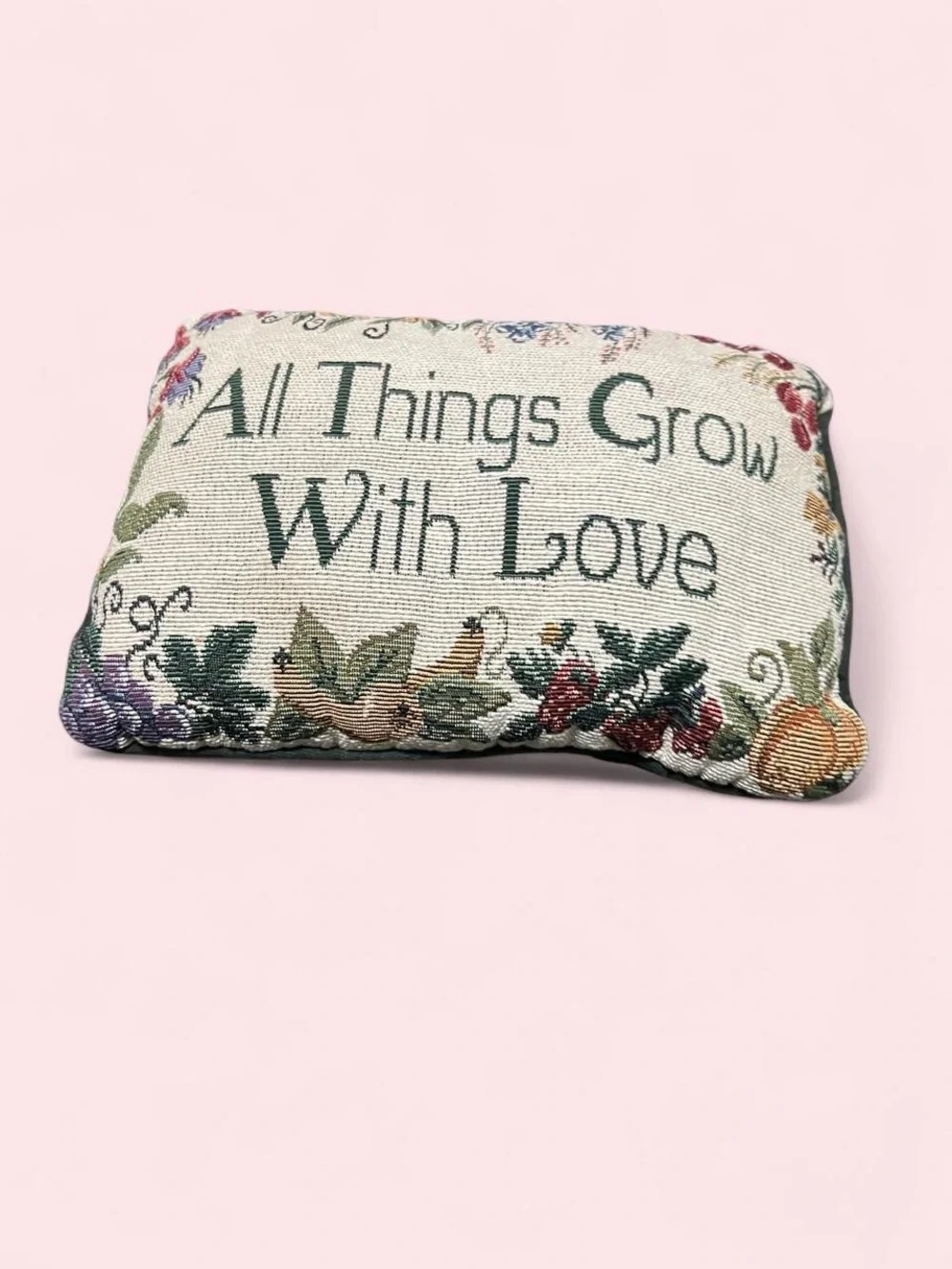 All Things Grow With Love Embroidered Decorative Pillow - Cream and Green